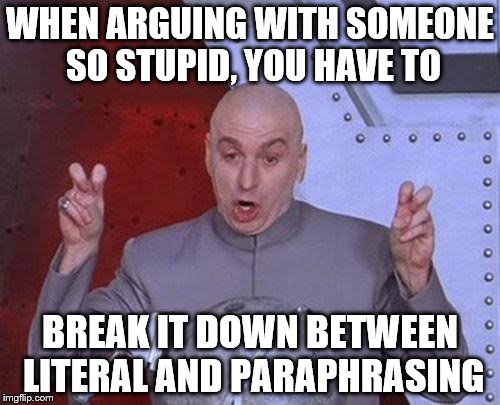 Dr Evil Laser Meme | WHEN ARGUING WITH SOMEONE SO STUPID, YOU HAVE TO; BREAK IT DOWN BETWEEN LITERAL AND PARAPHRASING | image tagged in memes,dr evil laser | made w/ Imgflip meme maker