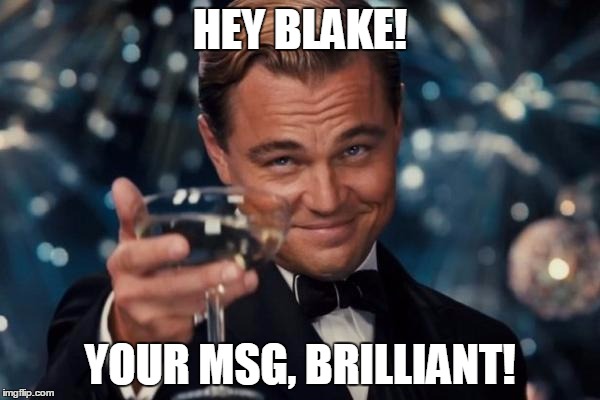 Leonardo Dicaprio Cheers Meme | HEY BLAKE! YOUR MSG, BRILLIANT! | image tagged in memes,leonardo dicaprio cheers | made w/ Imgflip meme maker