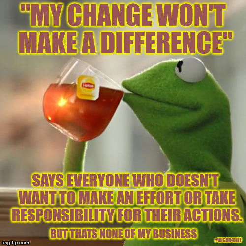 But That's None Of My Business Meme | "MY CHANGE WON'T MAKE A DIFFERENCE"; SAYS EVERYONE WHO DOESN'T WANT TO MAKE AN EFFORT OR TAKE RESPONSIBILITY FOR THEIR ACTIONS. BUT THATS NONE OF MY BUSINESS; #VEGAN4LIFE | image tagged in memes,but thats none of my business,kermit the frog,vegan4life,funny memes | made w/ Imgflip meme maker