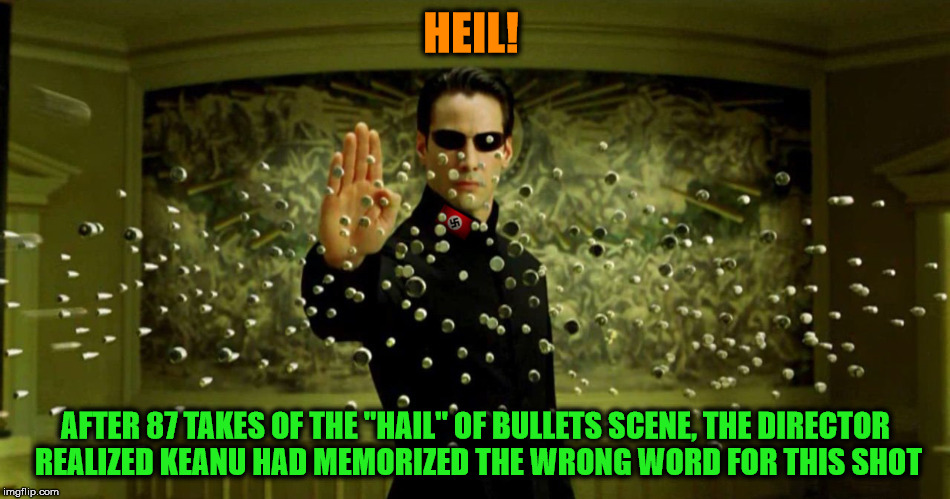 Neo Nazi | HEIL! AFTER 87 TAKES OF THE "HAIL" OF BULLETS SCENE, THE DIRECTOR REALIZED KEANU HAD MEMORIZED THE WRONG WORD FOR THIS SHOT | image tagged in neo nazi | made w/ Imgflip meme maker