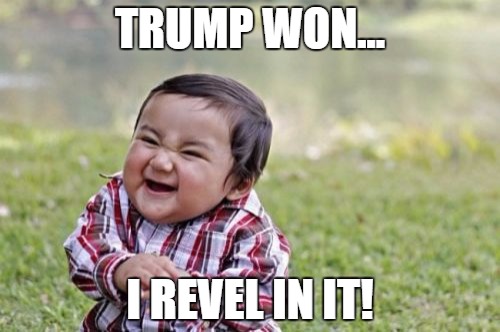 Evil Toddler | TRUMP WON... I REVEL IN IT! | image tagged in memes,evil toddler | made w/ Imgflip meme maker