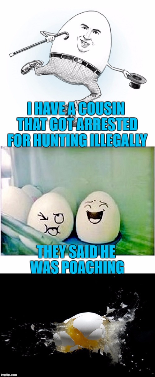 Bad pun egg hunter | I HAVE A COUSIN THAT GOT ARRESTED FOR HUNTING ILLEGALLY; THEY SAID HE WAS POACHING | image tagged in bad pun eggs,memes,bad puns,eggs,hunting season,shabbyrose template | made w/ Imgflip meme maker