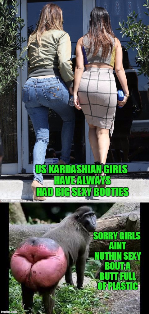 The Kardashians | US KARDASHIAN GIRLS HAVE ALWAYS HAD BIG SEXY BOOTIES; SORRY GIRLS AINT NUTHIN SEXY BOUT A BUTT FULL OF PLASTIC | image tagged in kardashians,monkey,butthurt | made w/ Imgflip meme maker