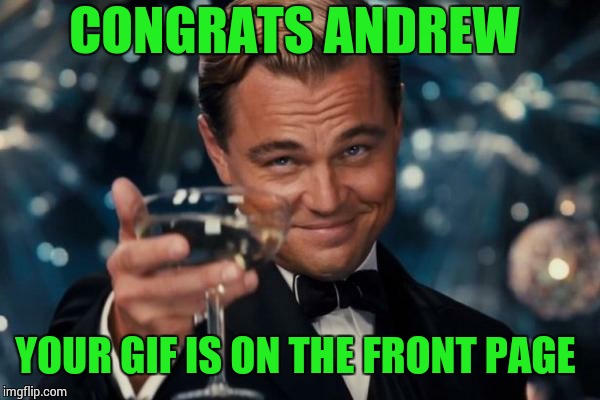 Leonardo Dicaprio Cheers Meme | CONGRATS ANDREW YOUR GIF IS ON THE FRONT PAGE | image tagged in memes,leonardo dicaprio cheers | made w/ Imgflip meme maker