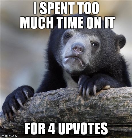 Confession Bear Meme | I SPENT TOO MUCH TIME ON IT FOR 4 UPVOTES | image tagged in memes,confession bear | made w/ Imgflip meme maker