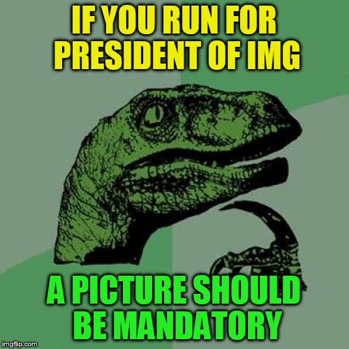 Philosoraptor Meme | IF YOU RUN FOR PRESIDENT OF IMG A PICTURE SHOULD BE MANDATORY | image tagged in memes,philosoraptor | made w/ Imgflip meme maker