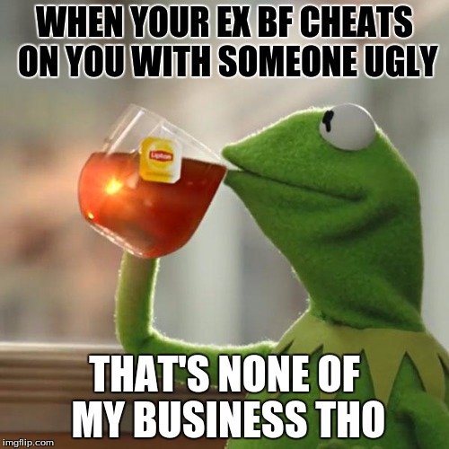 But That's None Of My Business | WHEN YOUR EX BF CHEATS ON YOU WITH SOMEONE UGLY; THAT'S NONE OF MY BUSINESS THO | image tagged in memes,but thats none of my business,kermit the frog | made w/ Imgflip meme maker