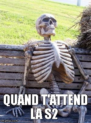 Waiting Skeleton Meme | QUAND T'ATTEND LA S2 | image tagged in memes,waiting skeleton | made w/ Imgflip meme maker