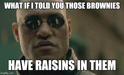 Matrix Morpheus Meme | WHAT IF I TOLD YOU THOSE BROWNIES HAVE RAISINS IN THEM | image tagged in memes,matrix morpheus | made w/ Imgflip meme maker
