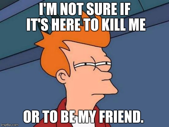 Futurama Fry | I'M NOT SURE IF IT'S HERE TO
KILL ME; OR TO BE MY FRIEND. | image tagged in memes,futurama fry | made w/ Imgflip meme maker