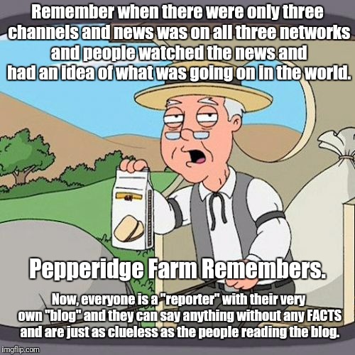 Pepperidge Farms Remembers | Remember when there were only three channels and news was on all three networks and people watched the news and had an idea of what was going on in the world. Pepperidge Farm Remembers. Now, everyone is a "reporter" with their very own "blog" and they can say anything without any FACTS and are just as clueless as the people reading the blog. | image tagged in pepperidge farms remembers | made w/ Imgflip meme maker