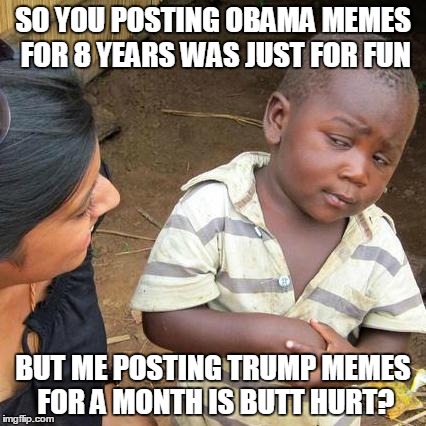 4 more years of these memes kids.  Buckle Up! | SO YOU POSTING OBAMA MEMES FOR 8 YEARS WAS JUST FOR FUN; BUT ME POSTING TRUMP MEMES FOR A MONTH IS BUTT HURT? | image tagged in third world skeptical kid,donald trump | made w/ Imgflip meme maker