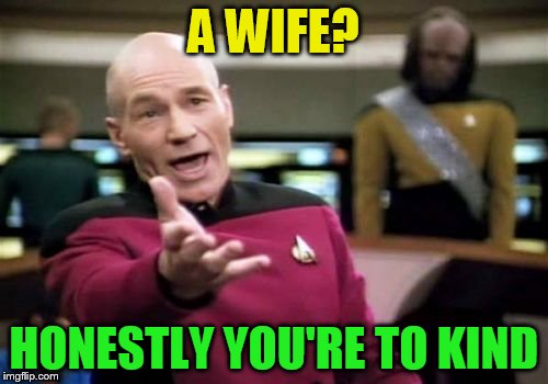 Picard Wtf Meme | A WIFE? HONESTLY YOU'RE TO KIND | image tagged in memes,picard wtf | made w/ Imgflip meme maker