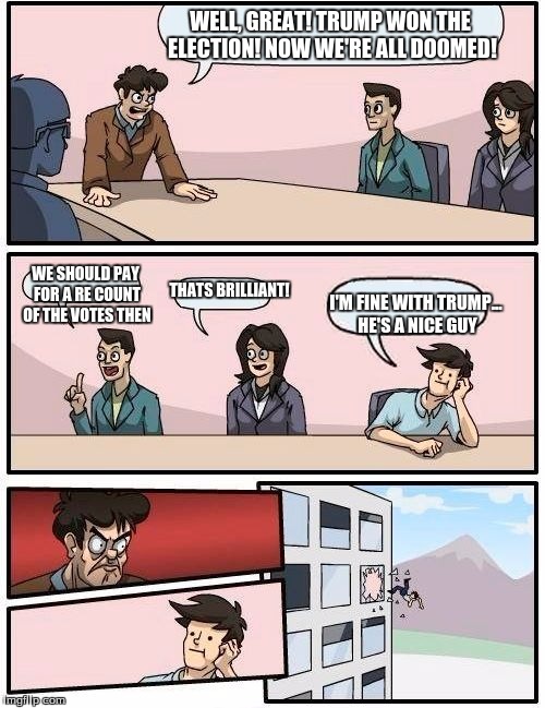 Boardroom Meeting Suggestion Meme | WELL, GREAT! TRUMP WON THE ELECTION! NOW WE'RE ALL DOOMED! WE SHOULD PAY FOR A RE COUNT OF THE VOTES THEN; THATS BRILLIANT! I'M FINE WITH TRUMP... HE'S A NICE GUY | image tagged in memes,boardroom meeting suggestion | made w/ Imgflip meme maker