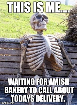 Waiting Skeleton | THIS IS ME.... WAITING FOR AMISH BAKERY TO CALL ABOUT TODAYS DELIVERY. | image tagged in memes,waiting skeleton | made w/ Imgflip meme maker