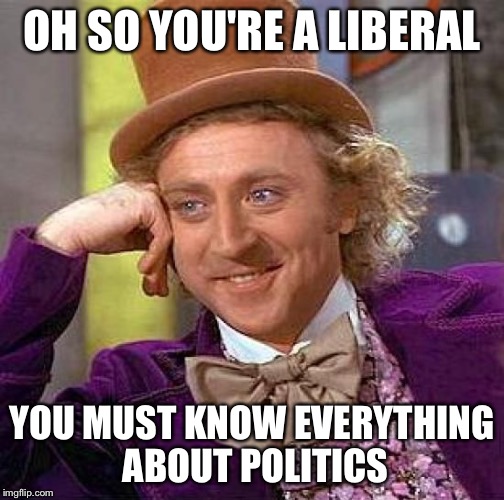 Creepy Condescending Wonka Meme | OH SO YOU'RE A LIBERAL; YOU MUST KNOW EVERYTHING ABOUT POLITICS | image tagged in memes,creepy condescending wonka | made w/ Imgflip meme maker