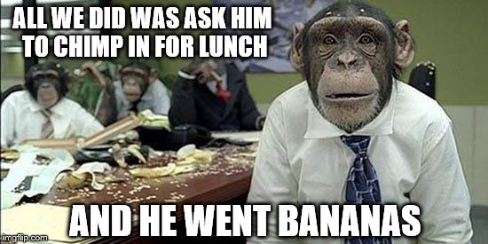 Office monkeys | ALL WE DID WAS ASK HIM TO CHIMP IN FOR LUNCH; AND HE WENT BANANAS | image tagged in office monkeys | made w/ Imgflip meme maker