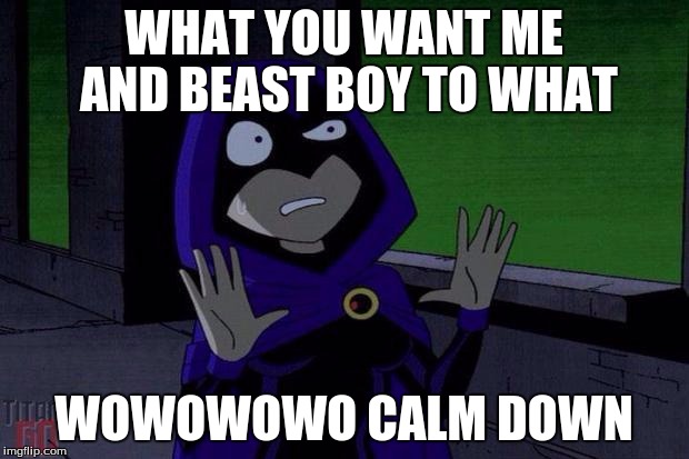 Can We Not Raven | WHAT YOU WANT ME AND BEAST BOY TO WHAT; WOWOWOWO CALM DOWN | image tagged in can we not raven | made w/ Imgflip meme maker