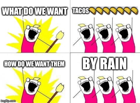 What Do We Want Meme | WHAT DO WE WANT; TACOS🌮🌮🌮🌮🌮🌮🌮; HOW DO WE WANT THEM; BY RAIN | image tagged in memes,what do we want | made w/ Imgflip meme maker