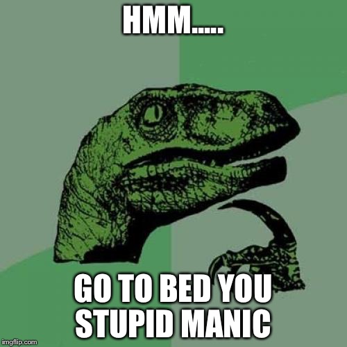 Philosoraptor | HMM..... GO TO BED YOU STUPID MANIC | image tagged in memes,philosoraptor | made w/ Imgflip meme maker