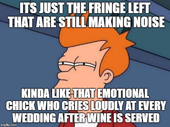 Futurama Fry Reverse | ITS JUST THE FRINGE LEFT THAT ARE STILL MAKING NOISE KINDA LIKE THAT EMOTIONAL CHICK WHO CRIES LOUDLY AT EVERY WEDDING AFTER WINE IS SERVED | image tagged in futurama fry reverse | made w/ Imgflip meme maker