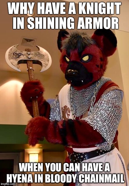 WHY HAVE A KNIGHT IN SHINING ARMOR; WHEN YOU CAN HAVE A HYENA IN BLOODY CHAINMAIL | image tagged in furry,furries,cosplay,furry_irl | made w/ Imgflip meme maker