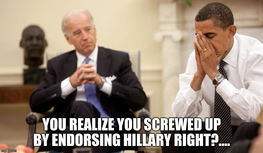 Biden Obama | YOU REALIZE YOU SCREWED UP  BY ENDORSING HILLARY RIGHT?.... | image tagged in biden obama | made w/ Imgflip meme maker