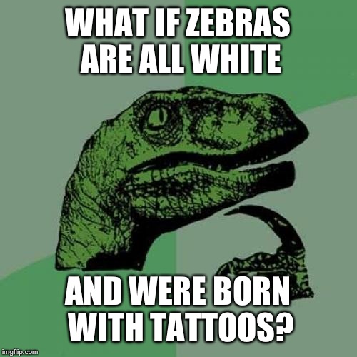 Philosoraptor Meme | WHAT IF ZEBRAS ARE ALL WHITE; AND WERE BORN WITH TATTOOS? | image tagged in memes,philosoraptor | made w/ Imgflip meme maker