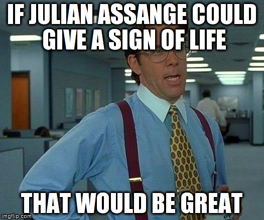 That Would Be Great | IF JULIAN ASSANGE COULD GIVE A SIGN OF LIFE; THAT WOULD BE GREAT | image tagged in memes,that would be great | made w/ Imgflip meme maker