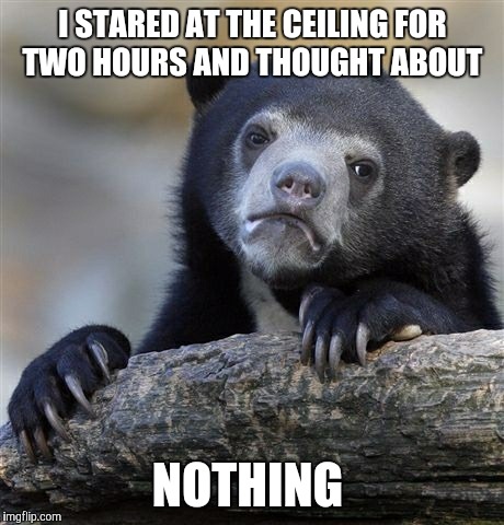 Confession Bear | I STARED AT THE CEILING FOR TWO HOURS AND THOUGHT ABOUT; NOTHING | image tagged in memes,confession bear | made w/ Imgflip meme maker