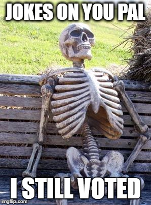 Waiting Skeleton Meme | JOKES ON YOU PAL I STILL VOTED | image tagged in memes,waiting skeleton | made w/ Imgflip meme maker