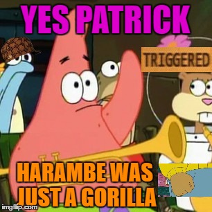 Harambe rip in pepperoni | YES PATRICK; HARAMBE WAS JUST A GORILLA | image tagged in memes,no patrick,scumbag | made w/ Imgflip meme maker