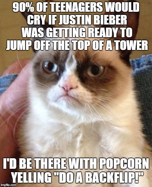 How many people agree? | 90% OF TEENAGERS WOULD CRY IF JUSTIN BIEBER WAS GETTING READY TO JUMP OFF THE TOP OF A TOWER; I'D BE THERE WITH POPCORN YELLING "DO A BACKFLIP!" | image tagged in memes,grumpy cat | made w/ Imgflip meme maker