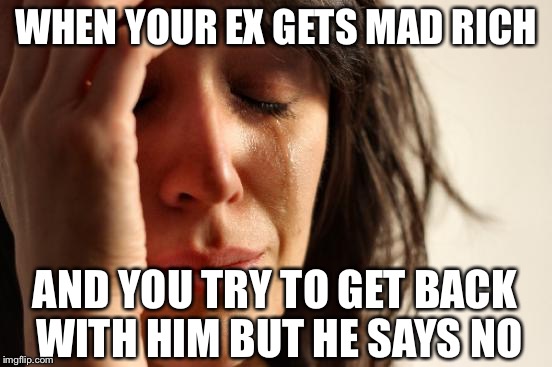 You messed up mate | WHEN YOUR EX GETS MAD RICH; AND YOU TRY TO GET BACK WITH HIM BUT HE SAYS NO | image tagged in memes,first world problems | made w/ Imgflip meme maker