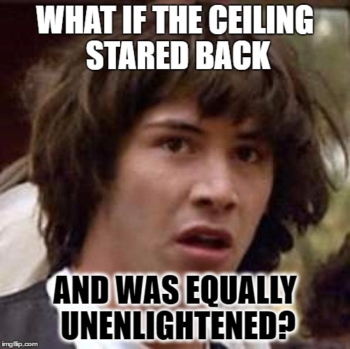 Conspiracy Keanu Meme | WHAT IF THE CEILING STARED BACK AND WAS EQUALLY UNENLIGHTENED? | image tagged in memes,conspiracy keanu | made w/ Imgflip meme maker
