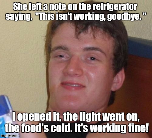 10 Guy | She left a note on the refrigerator saying,  "This isn't working, goodbye. "; I opened it, the light went on, the food's cold. It's working fine! | image tagged in memes,10 guy | made w/ Imgflip meme maker