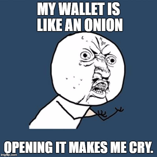 Y U No | MY WALLET IS LIKE AN ONION; OPENING IT MAKES ME CRY. | image tagged in memes,y u no | made w/ Imgflip meme maker