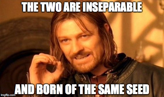 One Does Not Simply Meme | THE TWO ARE INSEPARABLE AND BORN OF THE SAME SEED | image tagged in memes,one does not simply | made w/ Imgflip meme maker