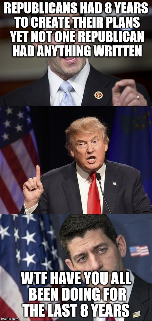 Unhappy Paul Ryan | REPUBLICANS HAD 8 YEARS TO CREATE THEIR PLANS YET NOT ONE REPUBLICAN HAD ANYTHING WRITTEN; WTF HAVE YOU ALL BEEN DOING FOR THE LAST 8 YEARS | image tagged in unhappy paul ryan | made w/ Imgflip meme maker