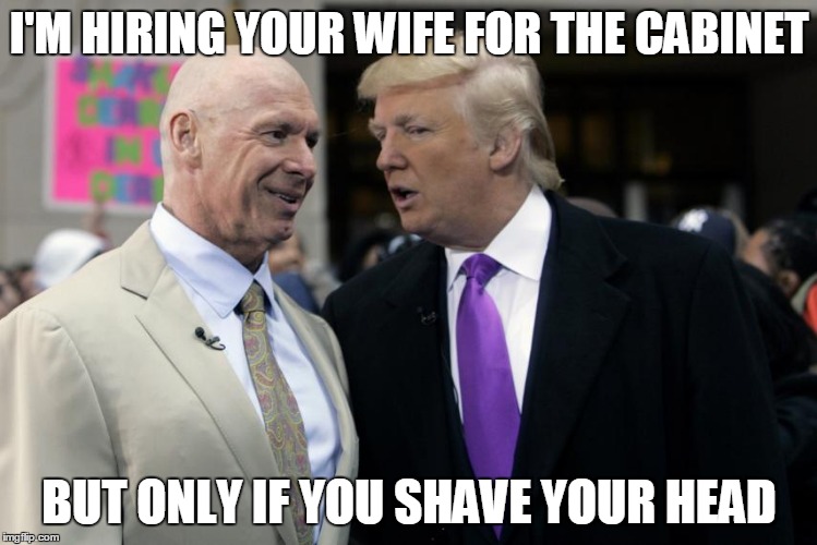 Another billionaire, huh?  Sure is draining that swamp! | I'M HIRING YOUR WIFE FOR THE CABINET; BUT ONLY IF YOU SHAVE YOUR HEAD | image tagged in trump,donald trump,wwe | made w/ Imgflip meme maker