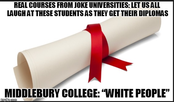 REAL COURSES FROM JOKE UNIVERSITIES: LET US ALL LAUGH AT THESE STUDENTS AS THEY GET THEIR DIPLOMAS; MIDDLEBURY COLLEGE: “WHITE PEOPLE” | made w/ Imgflip meme maker