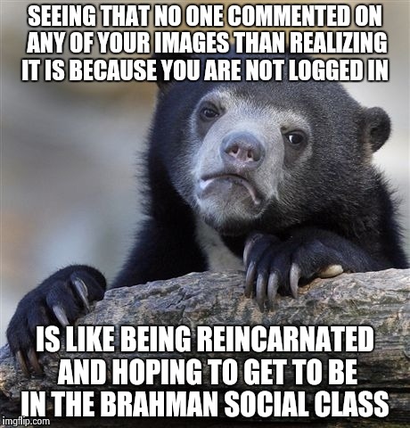 Meme combining 1st world imgflip problems and Hinduism  | SEEING THAT NO ONE COMMENTED ON ANY OF YOUR IMAGES THAN REALIZING IT IS BECAUSE YOU ARE NOT LOGGED IN; IS LIKE BEING REINCARNATED AND HOPING TO GET TO BE IN THE BRAHMAN SOCIAL CLASS | image tagged in memes,confession bear | made w/ Imgflip meme maker