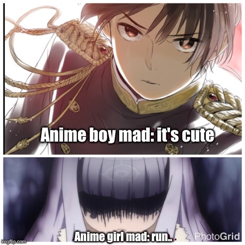 True | Anime boy mad: it's cute; Anime girl mad: run.. | image tagged in vs | made w/ Imgflip meme maker