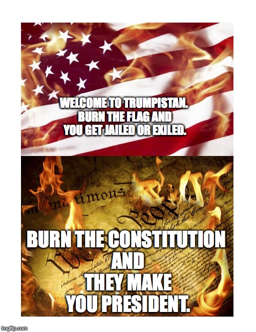 Trumpistan | WELCOME TO TRUMPISTAN. BURN THE FLAG AND YOU GET JAILED OR EXILED. BURN THE CONSTITUTION AND THEY MAKE YOU PRESIDENT. | image tagged in donald trump | made w/ Imgflip meme maker