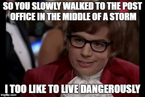 I Too Like To Live Dangerously Meme | SO YOU SLOWLY WALKED TO THE POST OFFICE IN THE MIDDLE OF A STORM; I TOO LIKE TO LIVE DANGEROUSLY | image tagged in memes,i too like to live dangerously | made w/ Imgflip meme maker
