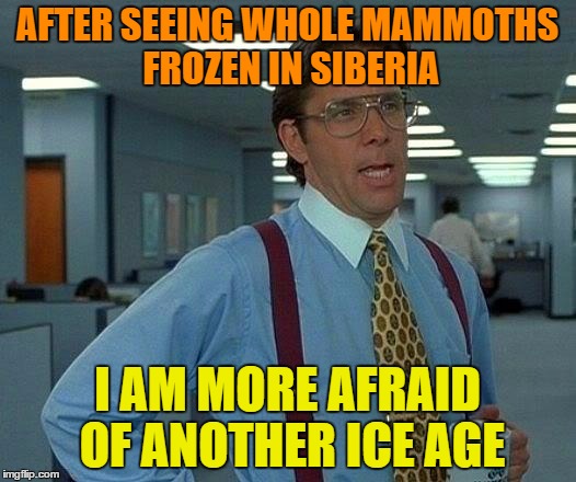 That Would Be Great Meme | AFTER SEEING WHOLE MAMMOTHS FROZEN IN SIBERIA; I AM MORE AFRAID OF ANOTHER ICE AGE | image tagged in memes,that would be great | made w/ Imgflip meme maker