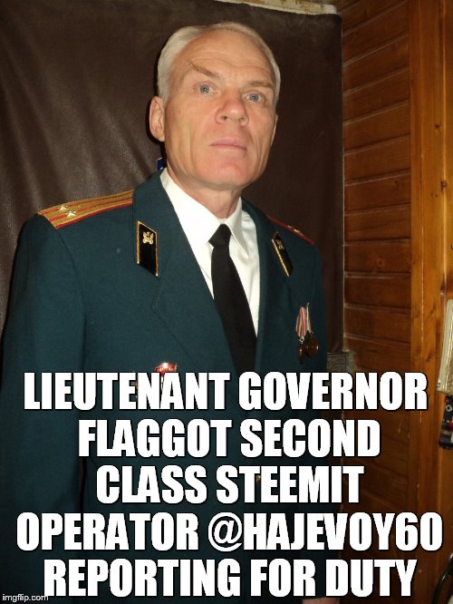 LIEUTENANT GOVERNOR FLAGGOT SECOND CLASS STEEMIT OPERATOR @HAJEVOY60 REPORTING FOR DUTY | made w/ Imgflip meme maker