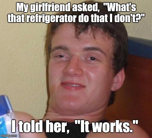 10 Guy Meme | My girlfriend asked,  "What's that refrigerator do that I don't?" I told her,  "It works." | image tagged in memes,10 guy | made w/ Imgflip meme maker