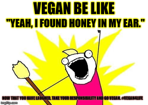 Vegan be like | "YEAH, I FOUND HONEY IN MY EAR."; VEGAN BE LIKE; NOW THAT YOU HAVE LAUGHED, TAKE YOUR RESPONSIBILITY AND GO VEGAN. #VEGAN4LIFE | image tagged in memes,x all the y,be like,vegan4life,funny memes | made w/ Imgflip meme maker