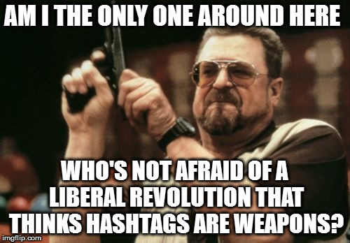 Am I The Only One Around Here | AM I THE ONLY ONE AROUND HERE; WHO'S NOT AFRAID OF A LIBERAL REVOLUTION THAT THINKS HASHTAGS ARE WEAPONS? | image tagged in memes,am i the only one around here | made w/ Imgflip meme maker